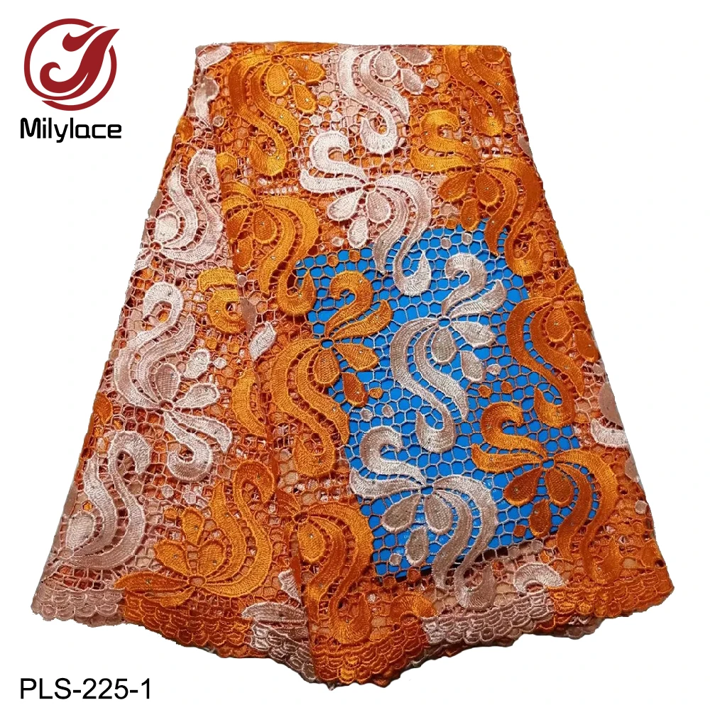 

Milylace New Guipure Lace Fabrics 5 Yards African Embroidery Lace Fabric with Stones for Wedding Party Dresses PLS-225