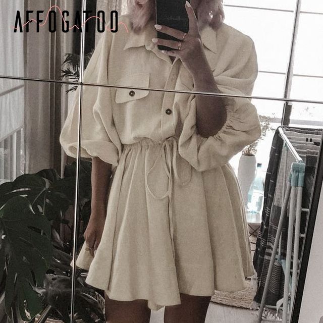 Affogatoo Vintage elagant women mini shirt dress Casual lantern sleeve short dress Turndown collar lace up linen female dresses
