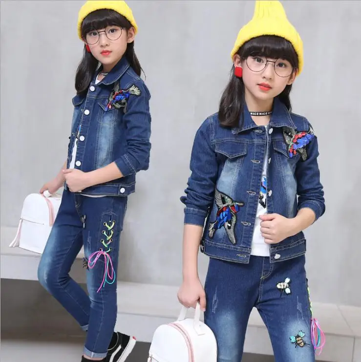 

2018 New Fashion Clothing Kids Cowboy Suit Children girls Sports Denim Clothes girls eagle embroidery Jacket +T-shirt+ Pants