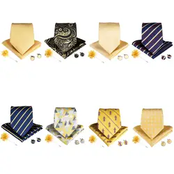 DiBanGu желтый шелк Для мужчин галстук с носовой платок запонки брошь 8 см в ширину Jacquare тканые шеи комплект галстуков для Для мужчин Свадебный