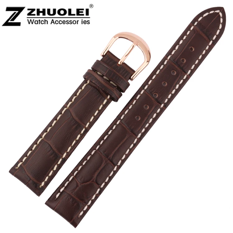 

22m New High Brown Croco Grain Genuine Leather Strap With White Stitched Rose Gold Stainless Steel Watch Buckle Clasps