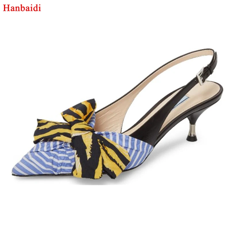 

Hanbaidi New Chic Blue Striped Bow Gladiator Sandals Women Pointed Toe Mixed Color Stiletto High Heel Shoes Woman Wedding Shoes