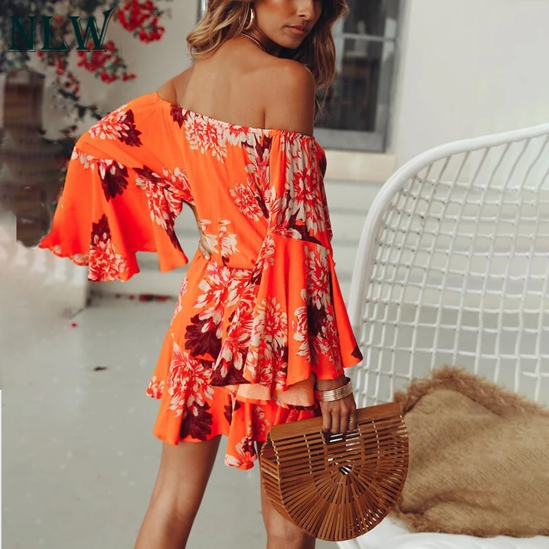 NLW Boho Off Shoulder Women Palysuit Floral Beach Summer Short Jumpsuit Romper 2018 Flare Sleeve Sexy Casual Playsuit