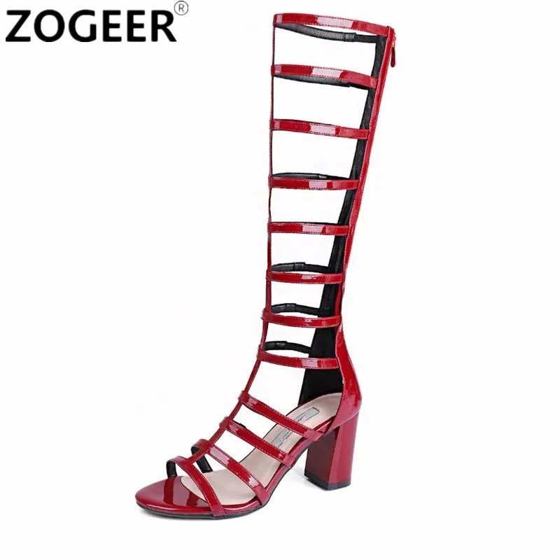 

Sexy Black Red High Heels Gladiator Shoes Woman Peep Toe cut-out Knee High Boots Summer Party Ladies Shoes Plus size 43