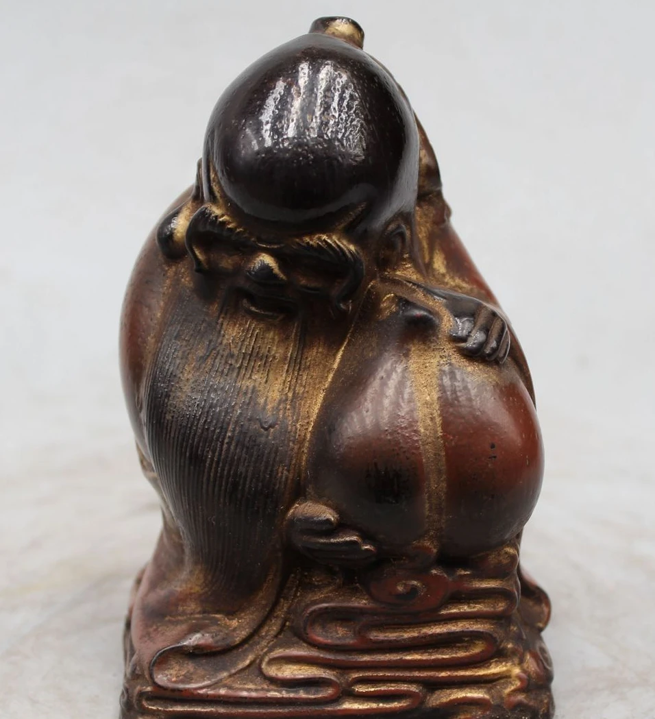 

6" Chinese Folk Wood handwork carve Peach god of longevity Shou Wealth Statue