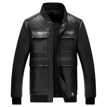 Высокое качество, Черная Натуральная Овечья шубка, зимняя куртка на утином пуху, стоячий воротник, тонкая повседневная мужская куртка из натуральной кожи