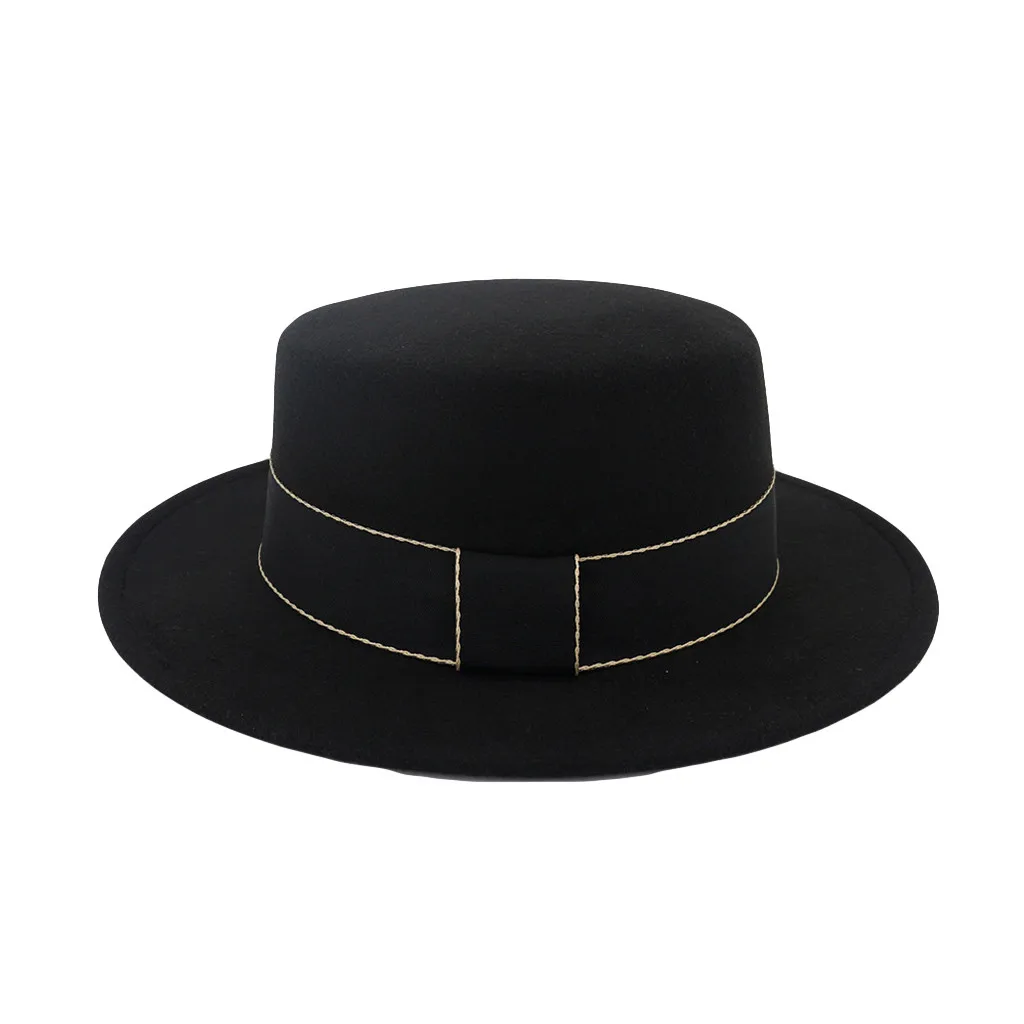 

Black Fedora Unisex Wide Brim Wool Felt Flat Top Fedora Hat Party Church Trilby Hats Cap Fedora Masculino