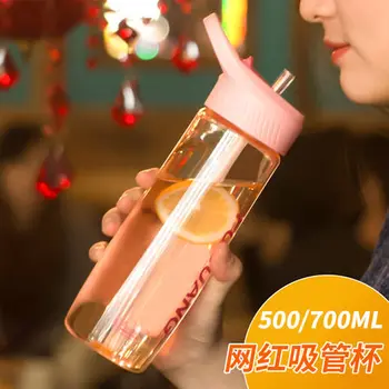 

700ml Tritan Plastic Sports Water Bottle Sport With Straw Time Handle BPA Free Bottle For Water My Drink GYM Drinkware FUGUANG