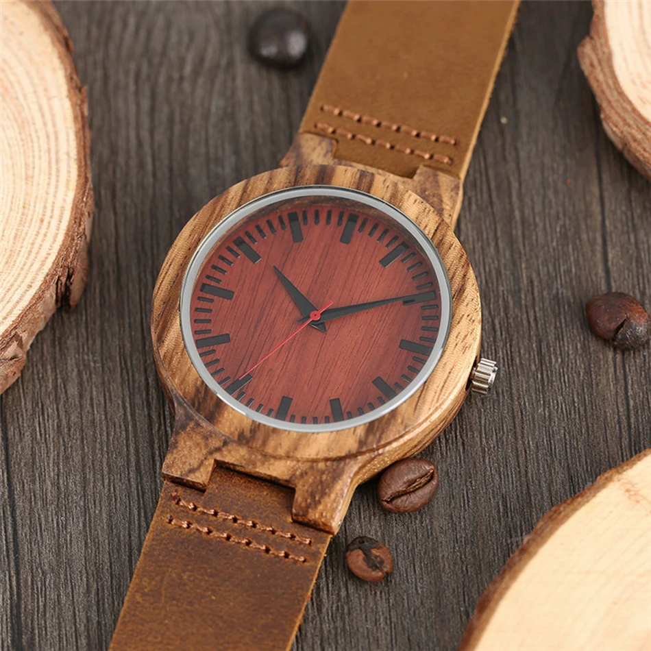 Creative Wooden Wrist Watch Genuine Leather Band Strap Analog Bamboo Quartz Handmade Red Face Wood Watch for Gifts YISUYA (2)