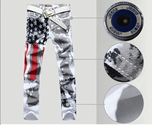 2016 New Men Italy Style Jean Fashion Jeans 100 Cotton Long Trousers Graffiti USA Flag Painted