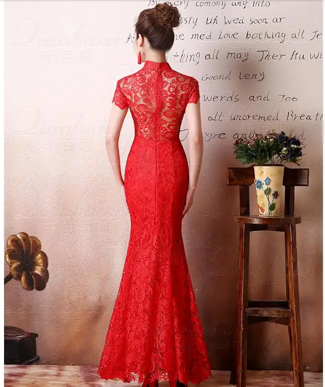 2017 платье Ципао в китайском стиле красный кружевной Чонсам современные женские Vestido восточные воротники сексуальные длинные Qi Pao