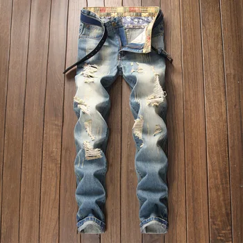 

Hole Bleached Men Denim Jeans Washed Casual Men Denim Jeans Distressed Straight Slim Retro Male Jeans Vintage Fashion
