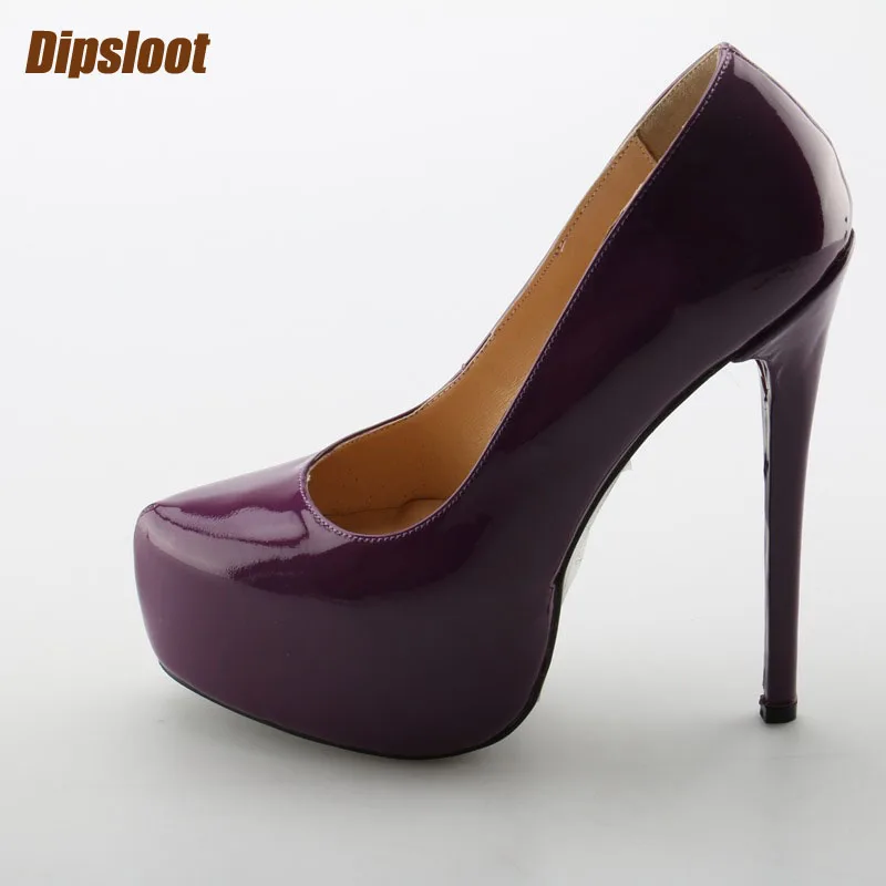 

Newest Purple Patent Leather Women High Platform Pumps Pointy Toe Ladies Slip On Super High Dress Shoes Concise Style Party Shoe