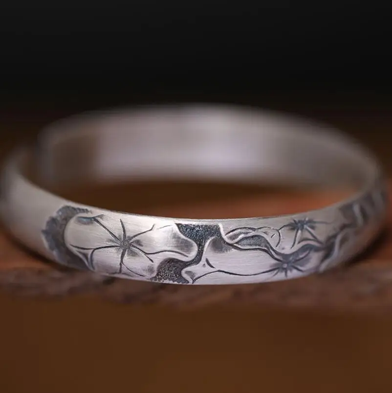 

Handmade S999 Sterling Silver Lotus Leaf Vintage Ethnic Opening Lady Bangle (SYF)