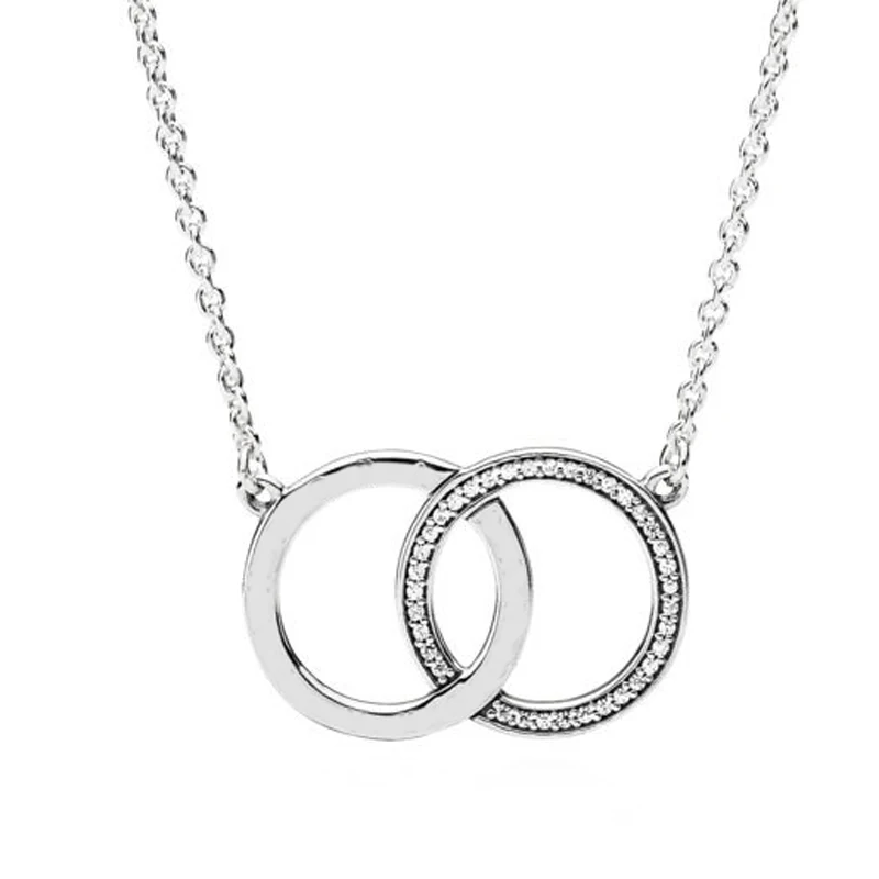 

New 925 Sterling Silver Necklace Two Interlocking Logo Circles With Crystal Necklace For Women Wedding Gift Original Diy Jewelry