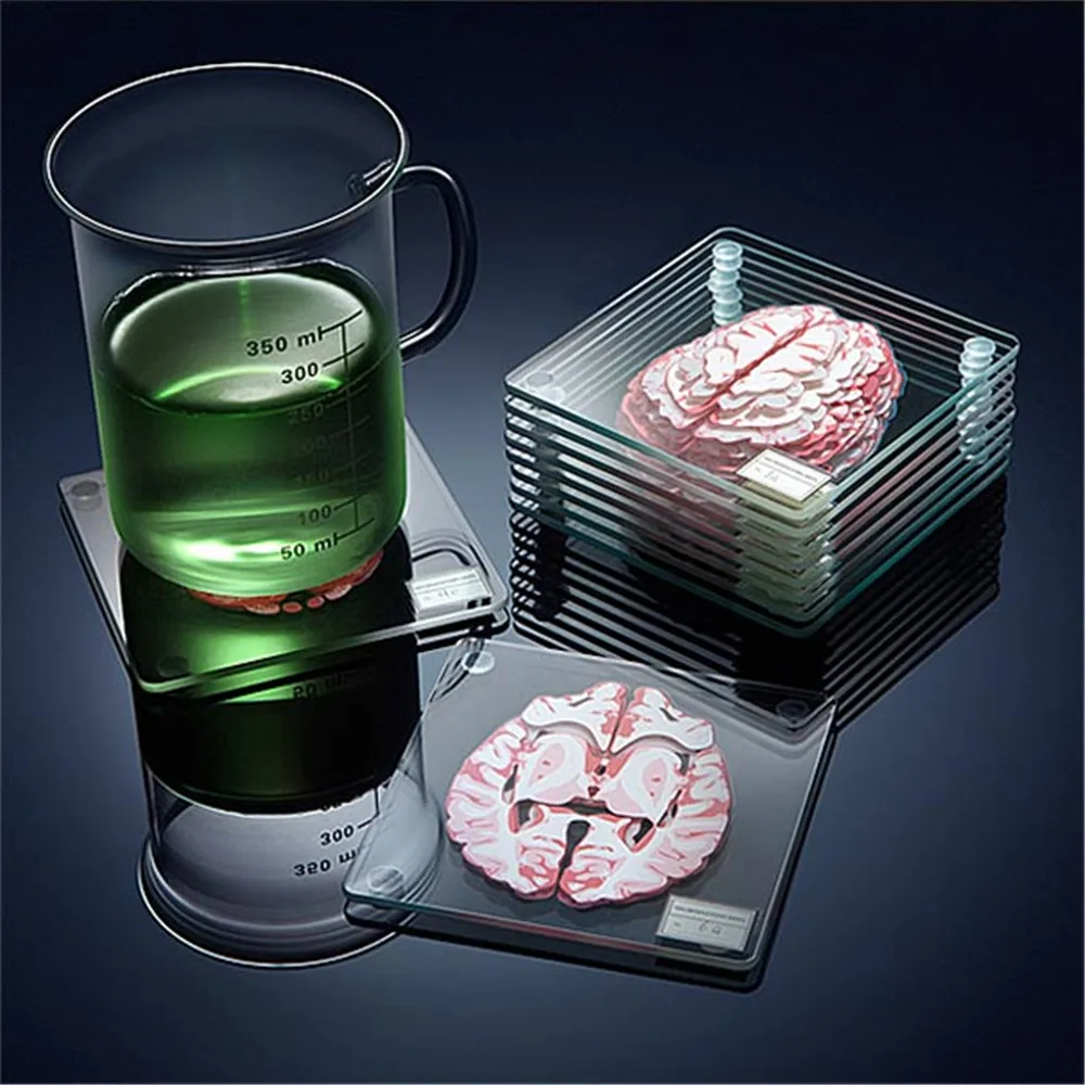 Online Juego de posavasos de espécimen de cerebro, diseño de órgano en 3D, rebanadas de cerebro, mesa de bebidas acrílicas cuadradas, posavasos, regalo de los cientistas ebrios