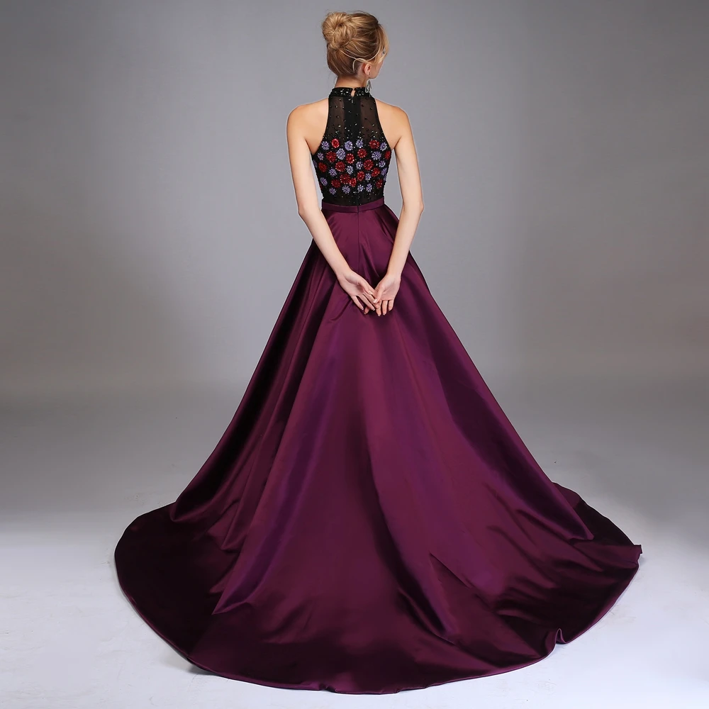 Женское вечернее платье со шлейфом SSYFashion роскошное из фиолетового атласа с