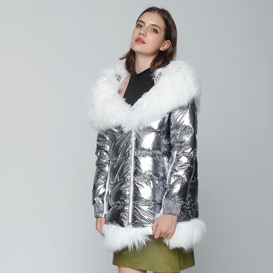 OFTBUY, зимняя куртка, Женское пальто с натуральным мехом, длинная парка, серебряные парки, монгольский овечий мех, гусиный пух, пальто, Толстая теплая уличная одежда