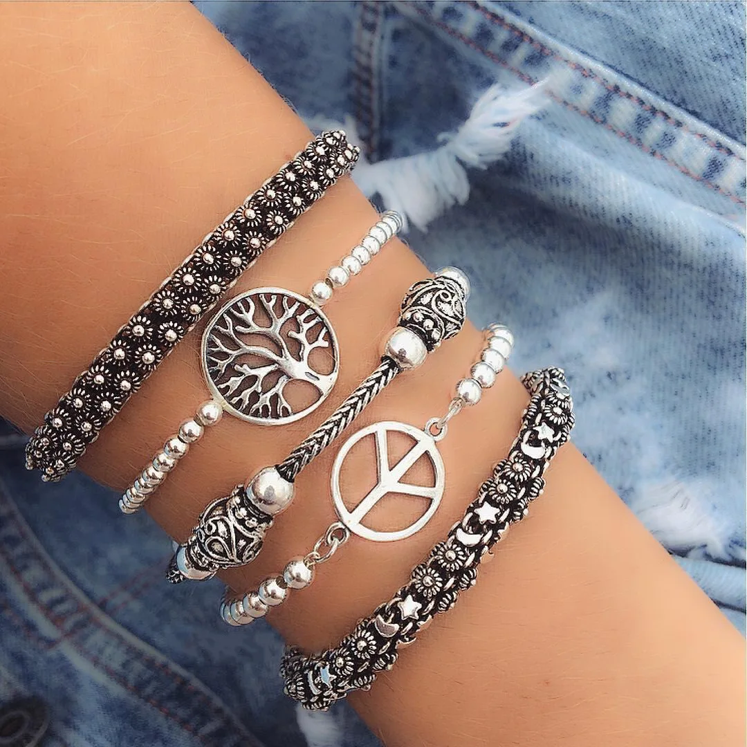 

3Styles Cuff Bracelets Punk Bracelet Bangle for Women Indian Jewelry Vintage Tibetan Silver Carved Pattern Maxi Joyas