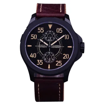 

44mm Parnis black dial steel case Sapphire glass ST2542 Automatic Mens Watch Leather Strap