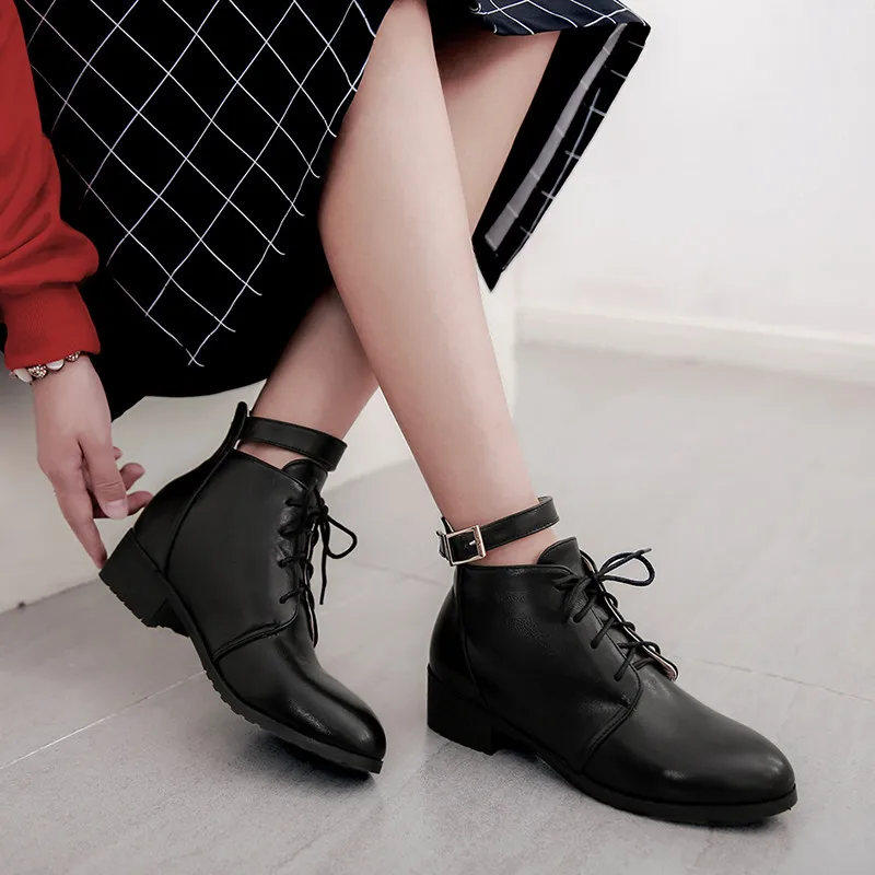 

YMECHIC 2018 Punk Rock ankle buckle strap lace up short chunky heel combat Motorcycle boots street womens shoes winter plus size
