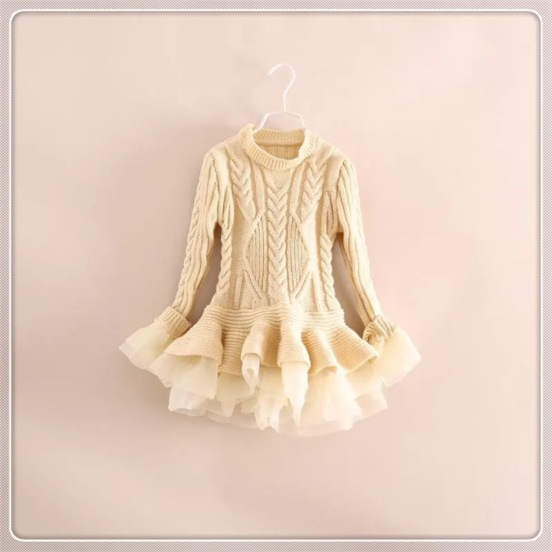 Spring Kids Girls Knit Sweater Dresses Baby girl tulle lace TUTU Winter princess jumper pullover