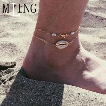 

MLING 2 Pcs/Set Vintage Double Layer Beach Anklet Bohemian Shell Starfish Pearl Anklet For Women