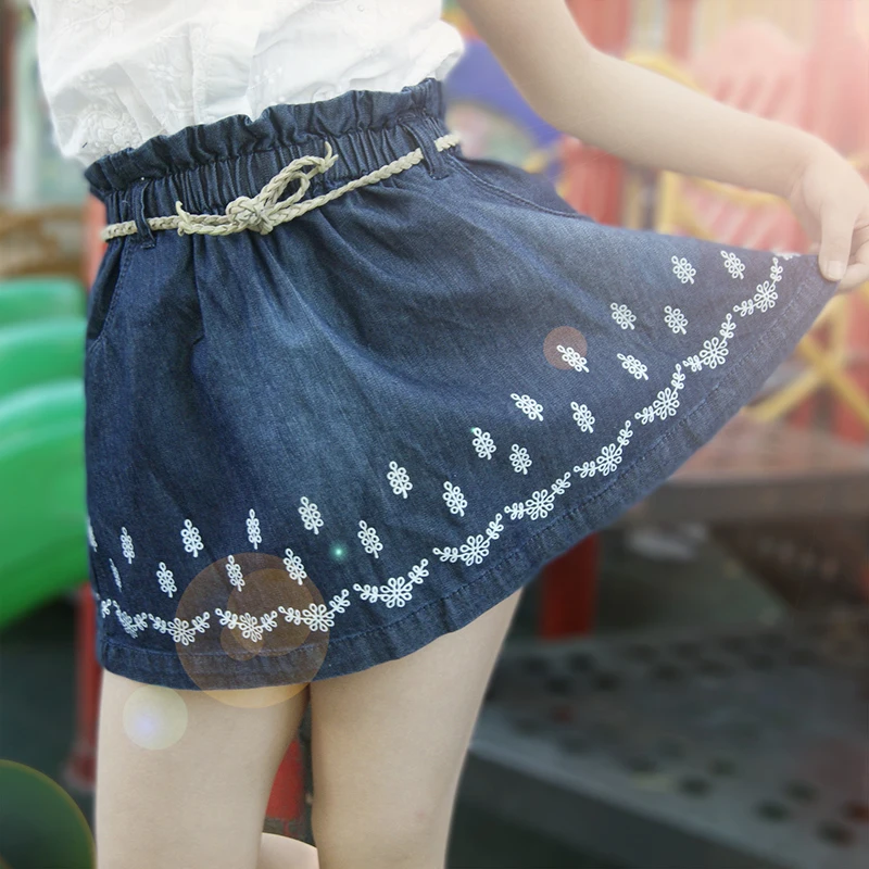 2 2017 New Designer Girls Denim Tutu Skirts Knee-Length Flower Print Elastic Waist All Match Skirt With PU leather Handmade Belt