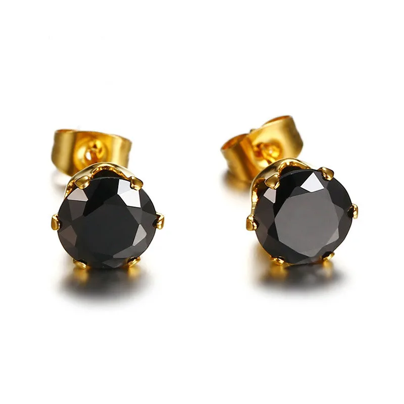 9MM Titanium Steel Stud Earrings for Women Black Cubic Zircon Earrings