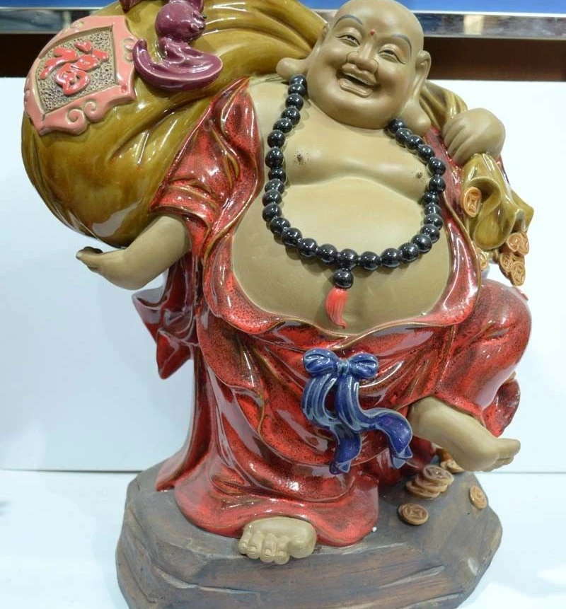 

Tibet Colorful Pottery Porcelain Statue Wealth Bat Happy Laugh Maitreya Buddha