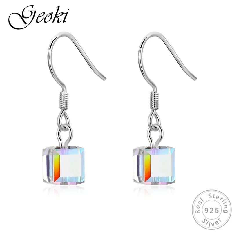 

Geoki 925 Sterling Silver Women Colorful Square Cubic Zirconia Drop Earrings S925 Original Geometric Stone Earrings Luxury Gift