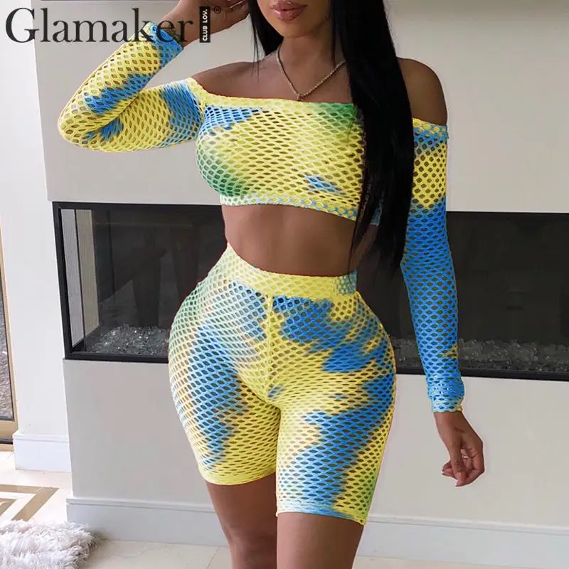 

Glamaker Off shoulder knitted short jumpsuit Women hollow out tie dye jumpsuit romper Female summer playsuit streetwear overalls