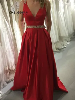 

Sexy Backless Red Evening Dress A Line Deep V Neck Beaded Crystal Long Formal Prom Dresses With Pocket Elegant Evening Wear Gown