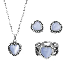 Mujer de Acero inoxidable Sistemas de La Joyería Elegante Colgante de Corazón Collar de Plata Joyería Plateada De Plata Set Pendiente Anillos OSS-031