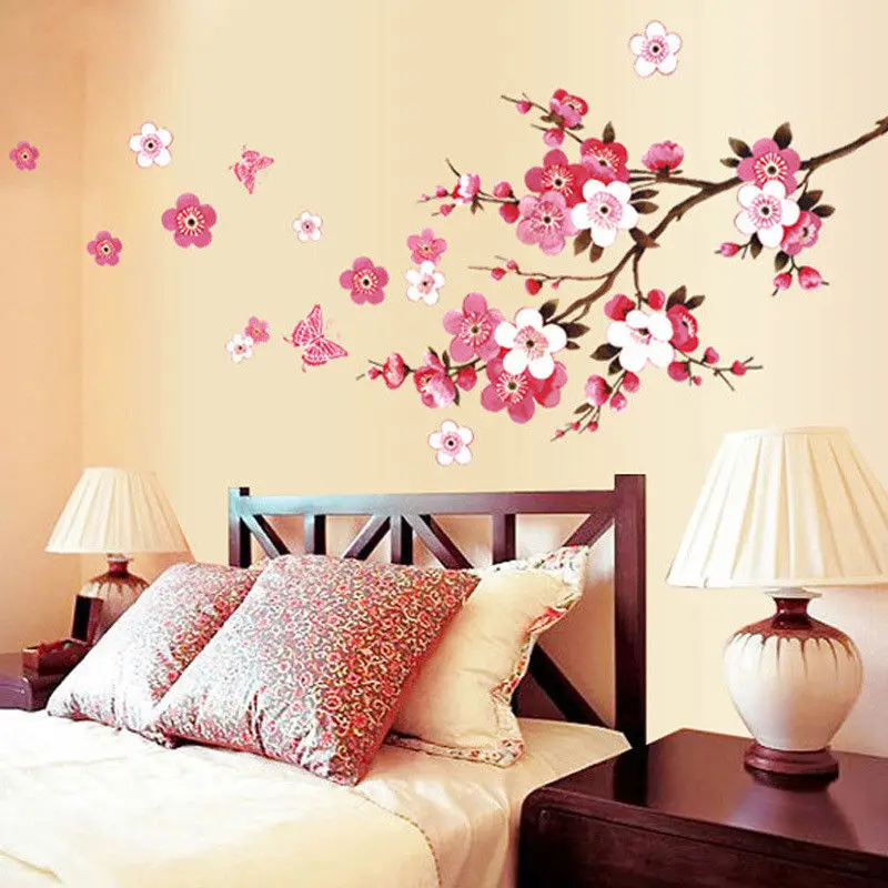Новинка, красивые наклейки на стену с изображением вишни, цветков персика, цветов, бабочек, дерева, художественная наклейка, домашний декор, легко чистится, ПВХ, 46 см* 65 см