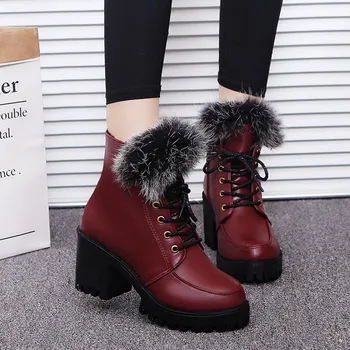 

Vogue Winter Boots Women Faux Fur Ankle Boots For Women Lace Up High Heel Casual Female Shoes Nice Leather Bottes Femme