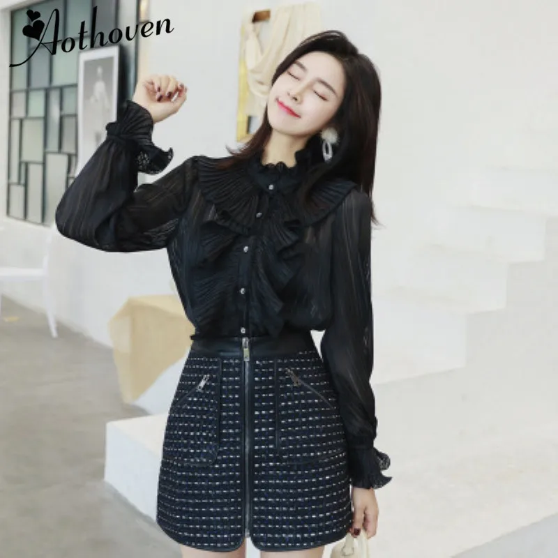 2 Piece Set Autumn Women Full Sleeve Chiffon Ruffles Shirt Top and Bandage Mini Skirt Office Party Suit Two Sets Vestidos | Женская