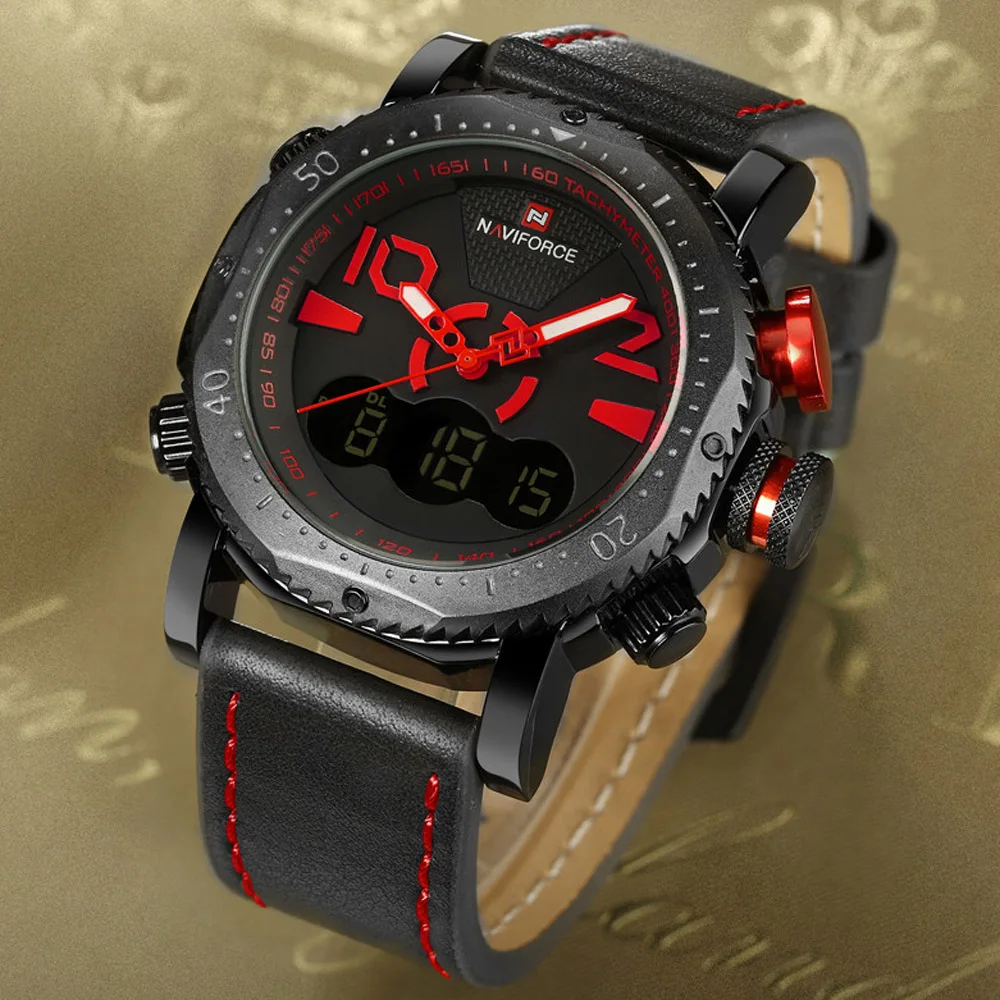 NAVIFORCE 2018 Brand Waterproof Men Leather Sport Military Watch Dual Time Quartz Analog Wristwatch