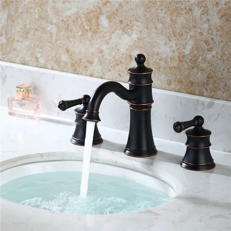 

all copper European gold three hole basin faucet cold and hot mixer faucet bathroom antique black bronze sitting faucet
