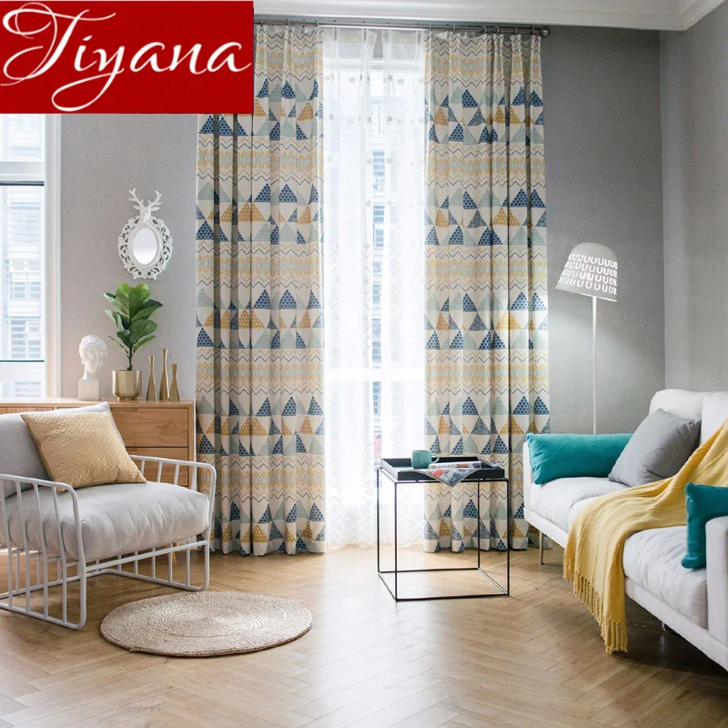 

Modern Curtain for Living Room Print Yellow Sheer Fabrics for Kid Room Blue Drapes Window Bedroom White Tulle Curtain T&089#30