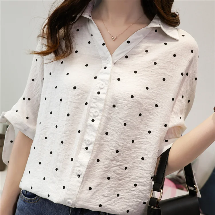 Льняная блузка в горошек размера плюс с коротким рукавом, женские блузки на пуговицах белого и синего цвета, женские рубашки, Летние повседневные топы, блузы