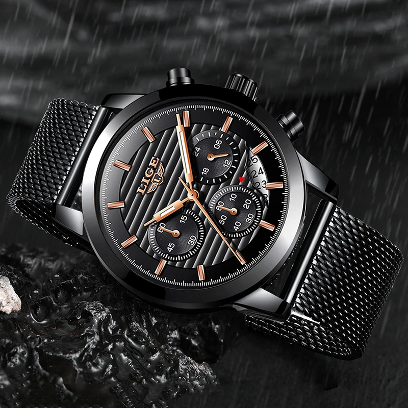 

Fashion Luxury Brand LIGE Watches Men Stainless Steel Mesh Band Quartz Sport Watch Chronograph Men's Wrist Watches Clock Men+BOX