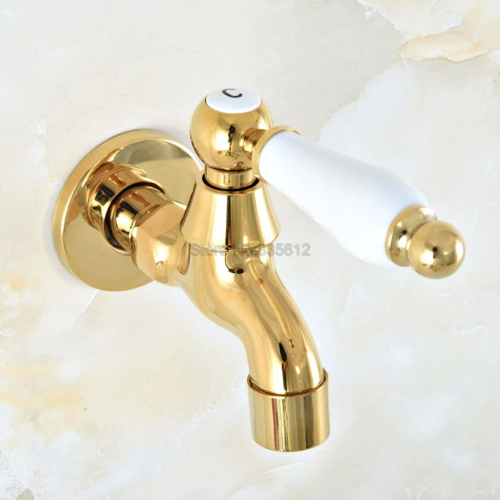 Gold Color Brass Wall Mounted Mop Pool Faucet Laundry Sink Cold Water Tap Ceramic Handle Tav146