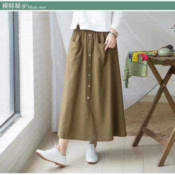 

Loose Skirt Woman 2019 New Cotton Hemp Long Skirt Elastic Waist Two Pockets Girls Ladies Oversize Skirts Solid Color