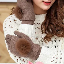Удобные перчатки женские зимние теплые двухслойные раздельные перчатки без пальцев женские варежки с помпонами из кроличьего меха