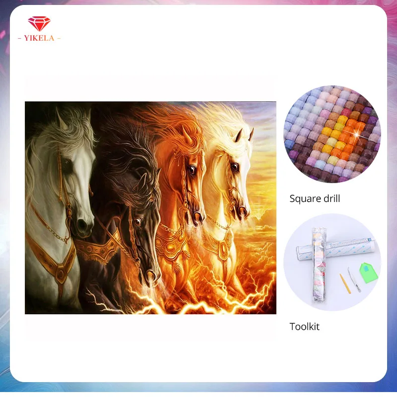 

YIKELA DIY 5D Mosaic Handmade Four Horses Diamond Painting Square Diamond Picture Cross Stitch Embroidery Holiday Gift New Kit