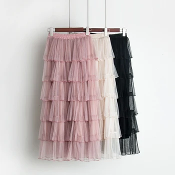 

2018 autumn new sweet fresh solid women ruffles skirt lady female elegant mesh high waist pleated mid cake skirts