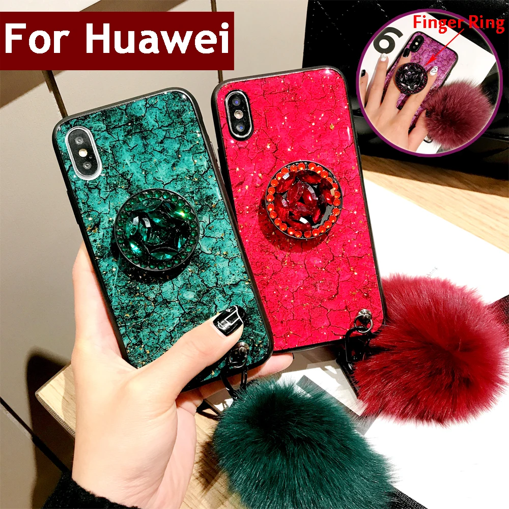 Diamond Marble pattern Glitter For Huawei P10 P20 Plus Pro Lite Cases Bling Violet Emerald Rhinestone case Hairball Lanyard |