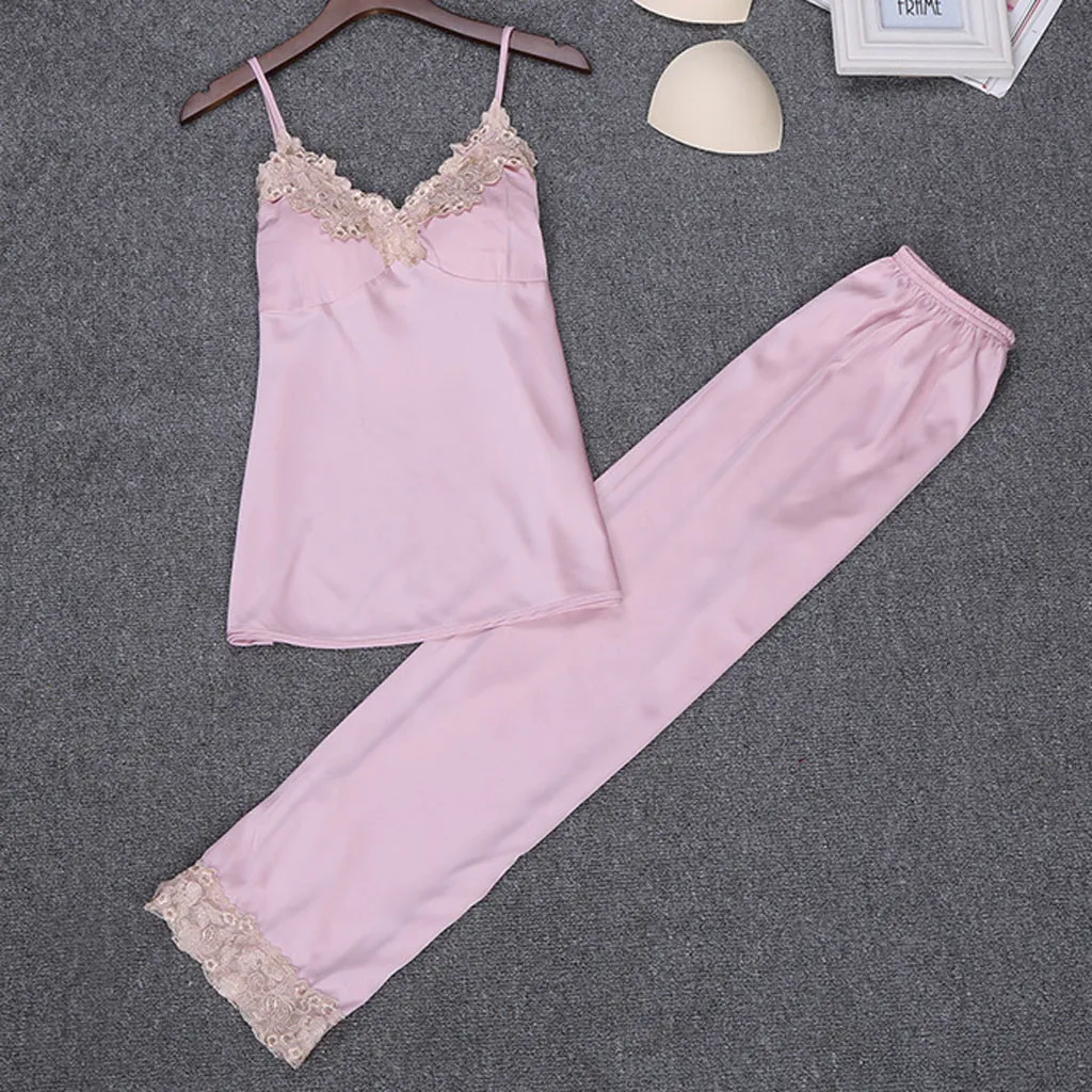 

Women Pajamas Sleepwear Pyjamas Set Summer Spaghetti Strap Lace Sling Long Pants Nightwear Set Night Wear Sleep Clothes Casual