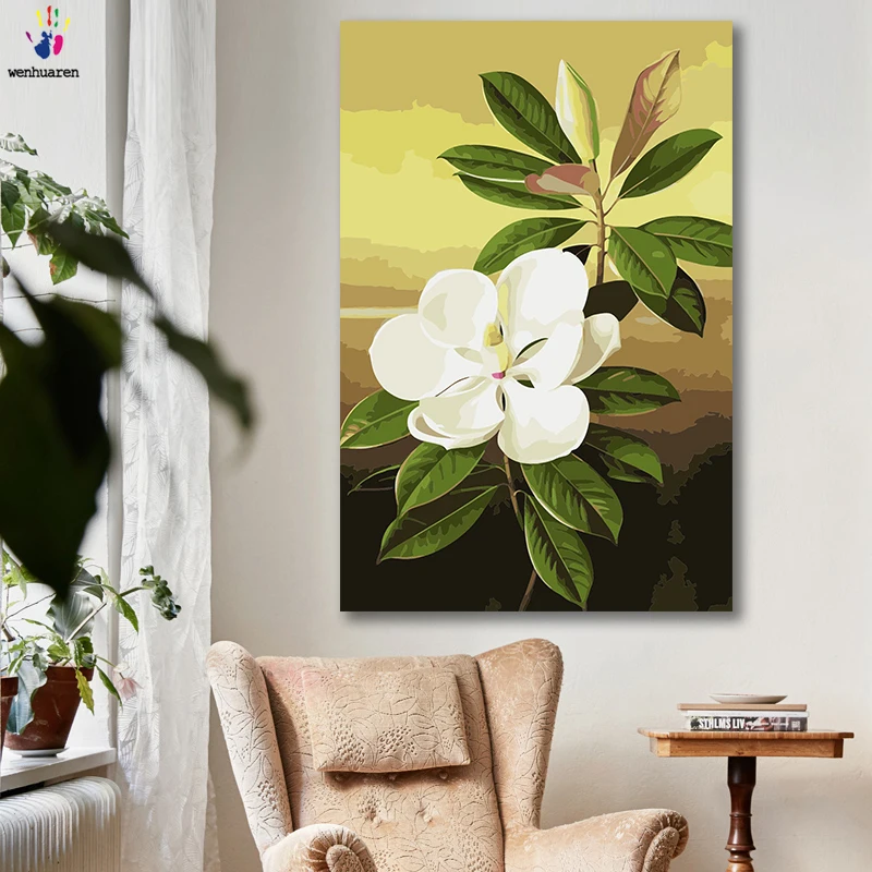 

DIY colorings pictures by numbers with colors White magnolia Plant flower picture drawing painting by numbers framed Home